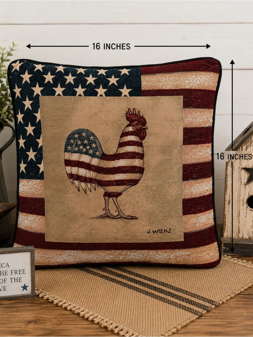 J. Wiens Americana Rooster Tapestry Throw Pillow 16x16 Patriotic Farmhouse Decor